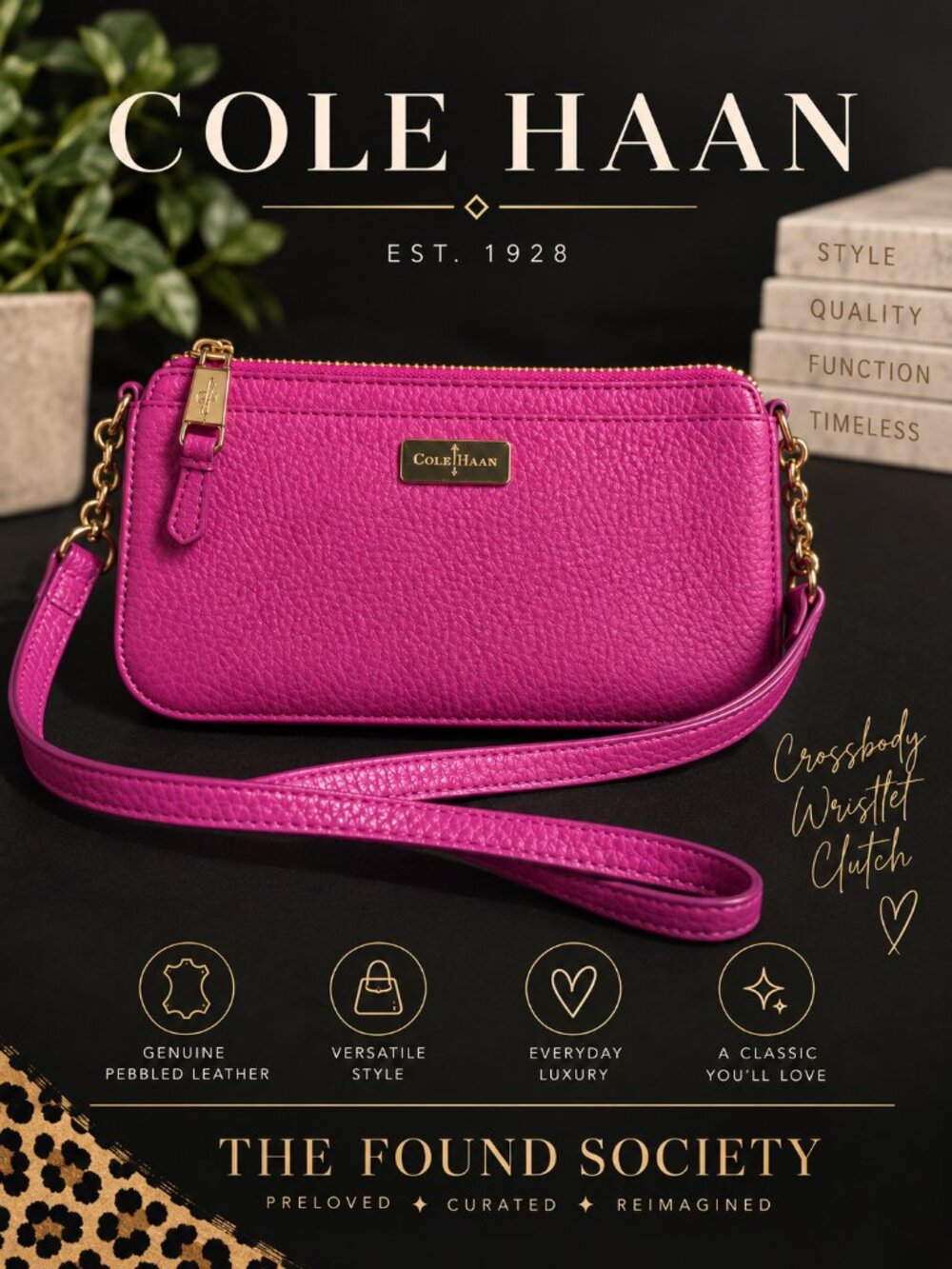 Cole Haan Fuchsia Pink Pebbled Leather Crossbody Wristlet Clutch